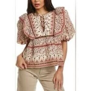 Calypso St Barth Red Floral Paisley Ruffle Puff Sleeve Blouse Top Large L